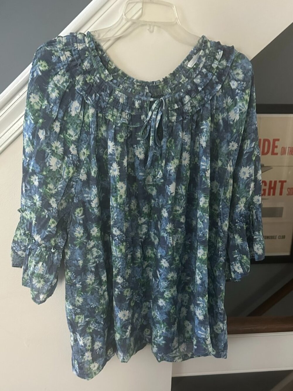 Floral Pleated Tie‑Neck Blouse – Size XL